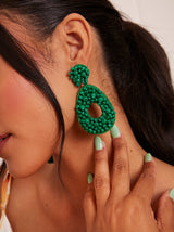 Statement Beaded Oval Earrings in Green