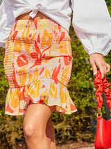 Ruffle Shirred Abstract Print Mini Skirt in Orange