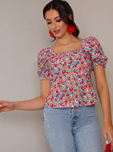 Cross Back Puff Sleeve Floral Top in Red
