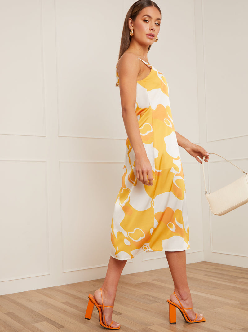One-Shoulder Abstract Print Midi Dress in Yellow