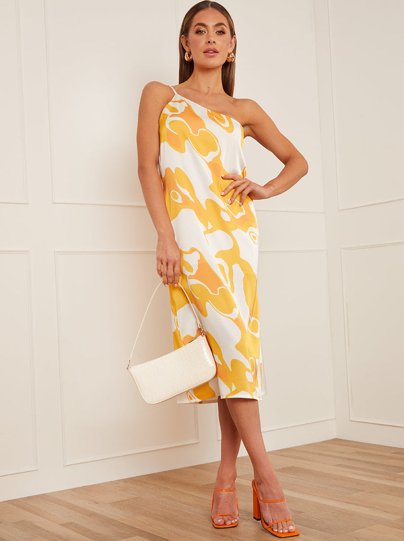 One-Shoulder Abstract Print Midi Dress in Yellow
