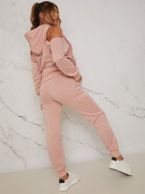 Cold Shoulder Hooded Loungewear Set in Pink