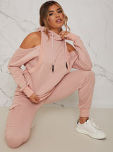 Cold Shoulder Hooded Loungewear Set in Pink