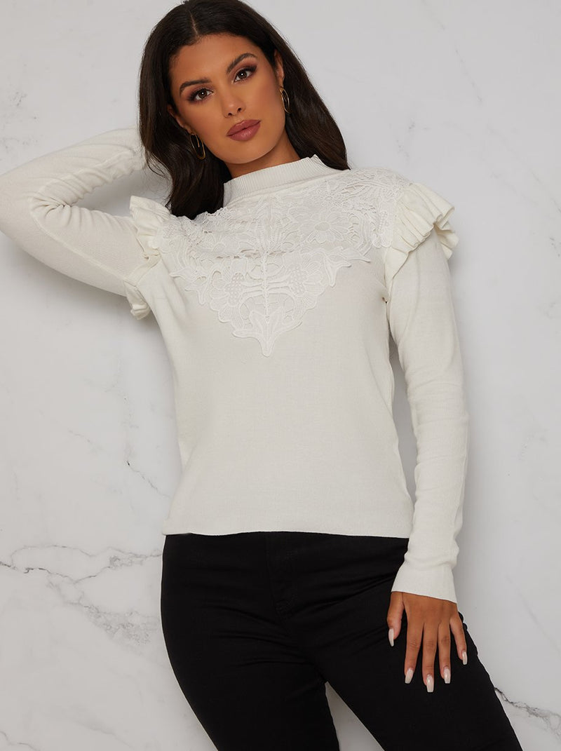 Broderie Trim Knitted Jumper in White