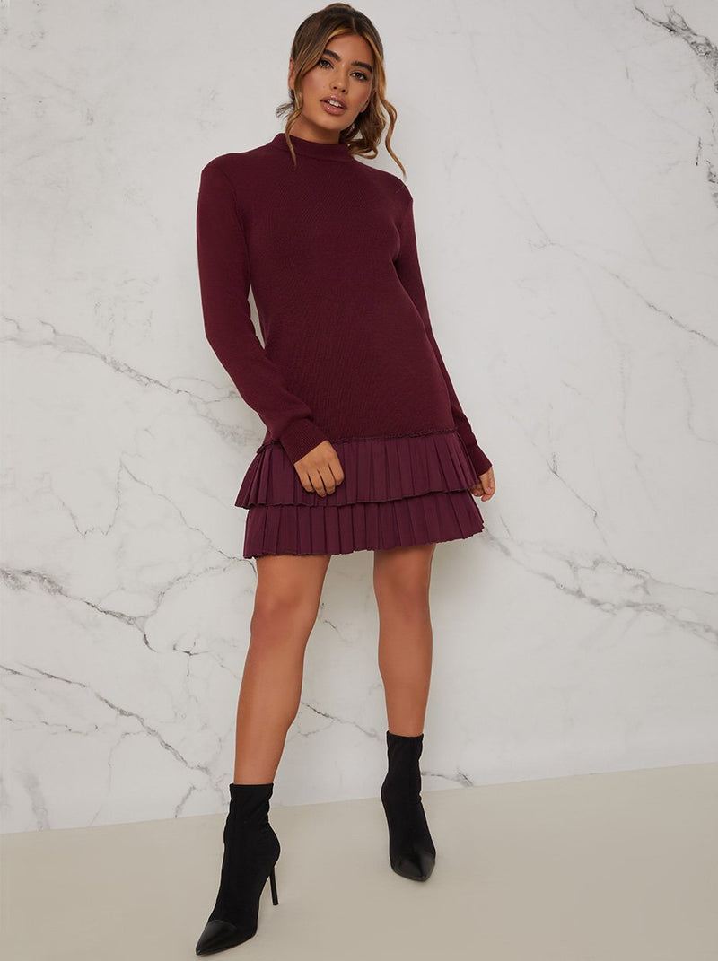 Pleated Hem Knitted Mini Dress in Burgundy