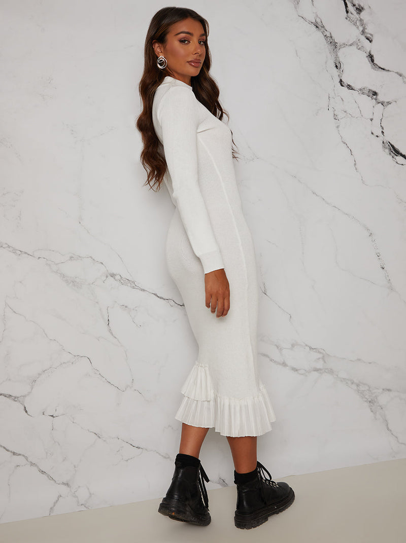 Pleated Hem Knitted Maxi Dress in White