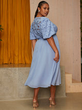 Plus Size Puff Sleeve Premium Lace Midi Dress in Blue