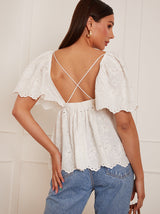 Short Sleeve Broderie Anglaise Peplum Top in White