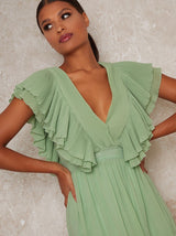 Midi Dress with Ruffle Details in Green