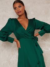 Satin Wrap Long Sleeve Dip Hem Dress in Green