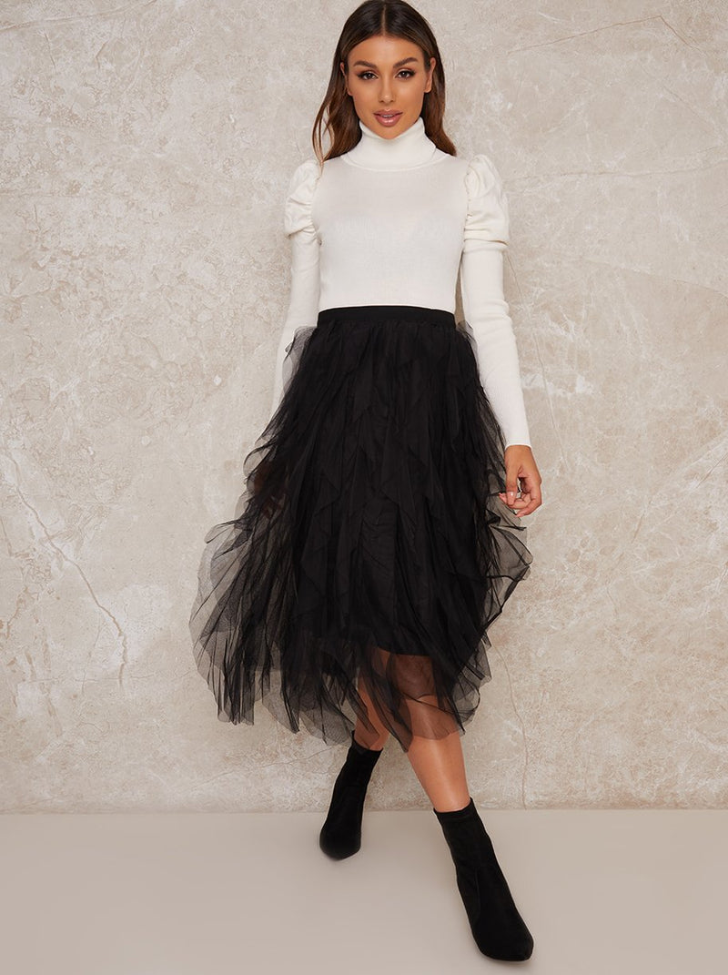 Midi Skirt with Tulle Design in Black
