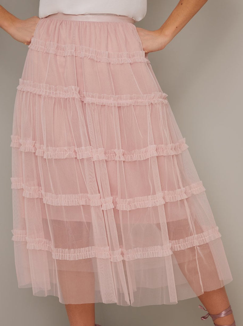 Mesh Overlay Tiered Midi Skirt in Pink