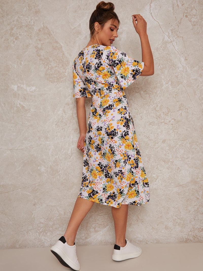 Flutter Sleeve Floral Print Midi Day Dress in White