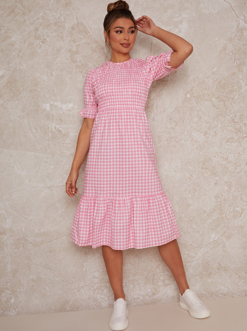 Gingham Midi Day Dress with Shirred Bodice in Pink