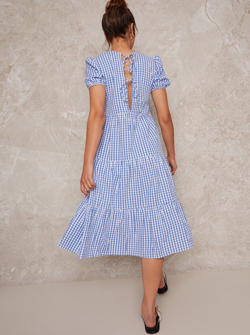 Gingham Midi Day Dress with Shirred Bodice in Blue