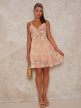 Ruffle Trim Floral Print Midi Day Dress with Cami Straps in Pink