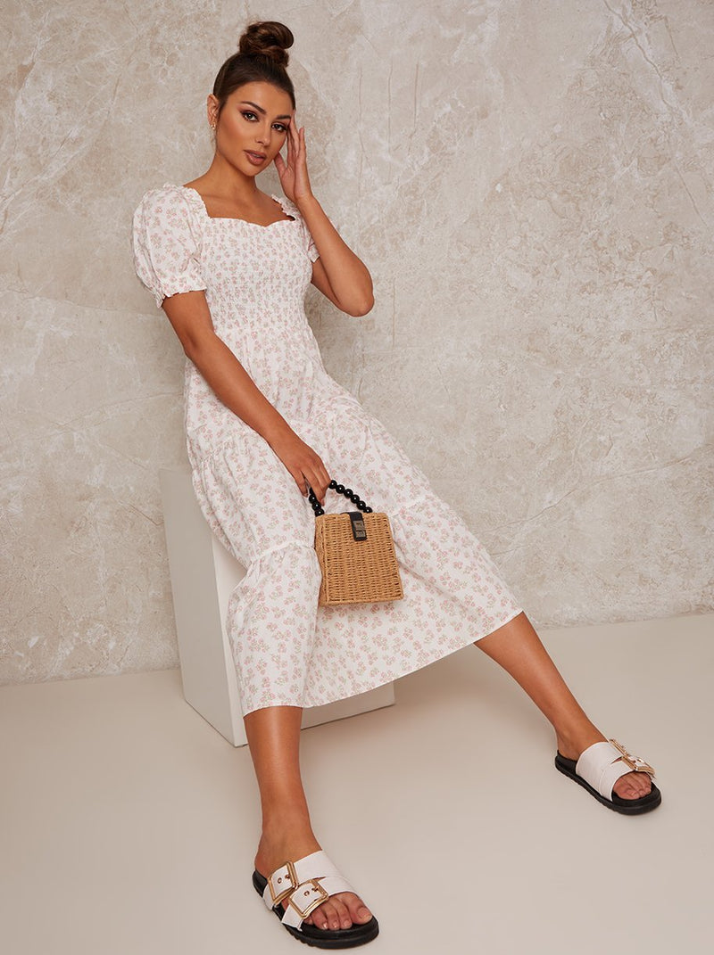 Puff Sleeve Floral Print Maxi Day Dress in Cream