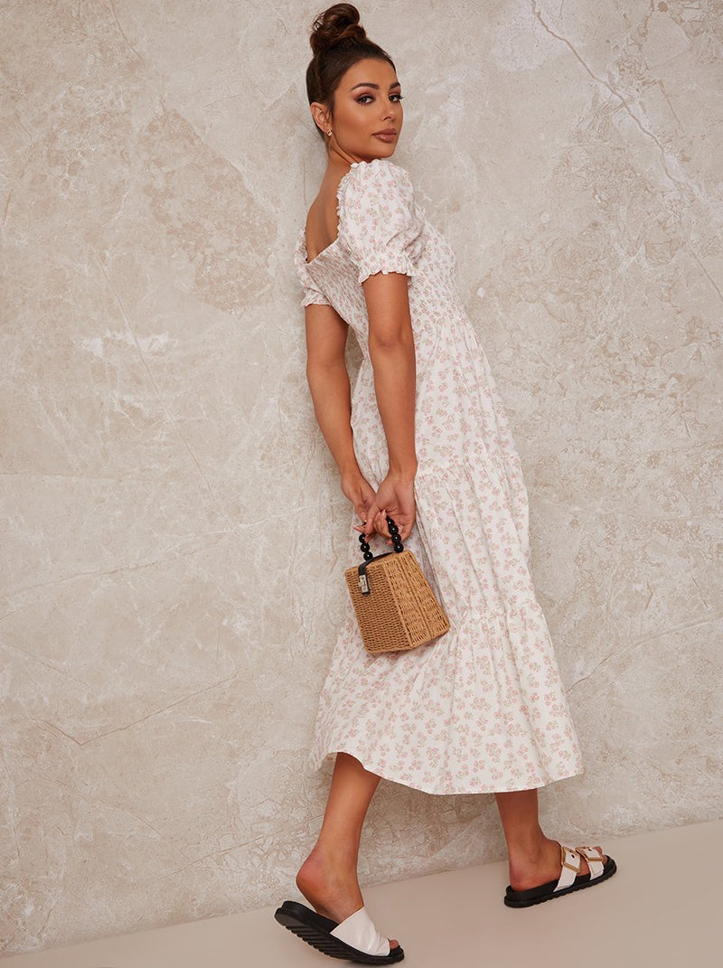 Puff Sleeve Floral Print Maxi Day Dress in Cream
