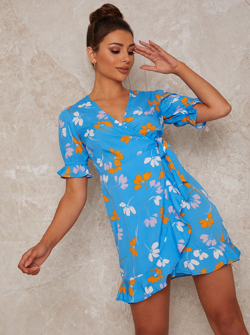 Puff Sleeve Wrap Floral Print Mini Day Dress in Blue