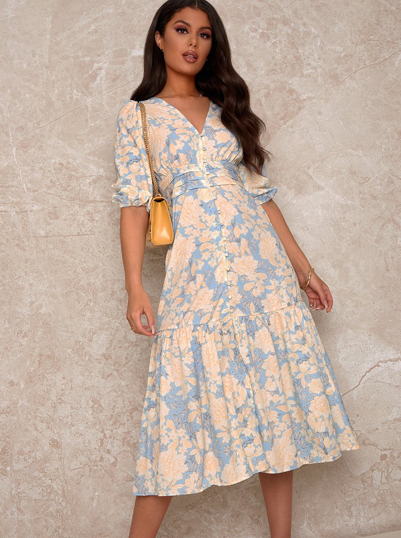 Balloon Sleeve V Neck Button Up Midi Dress in Blue