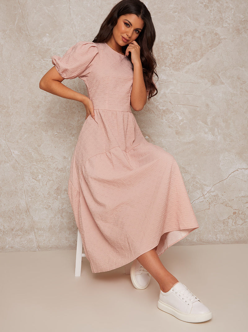 Puff Sleeve Tiered Midi Dress in Pink