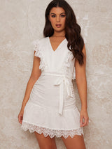 Sleeveless V Neck Broderie Mini Dress in White