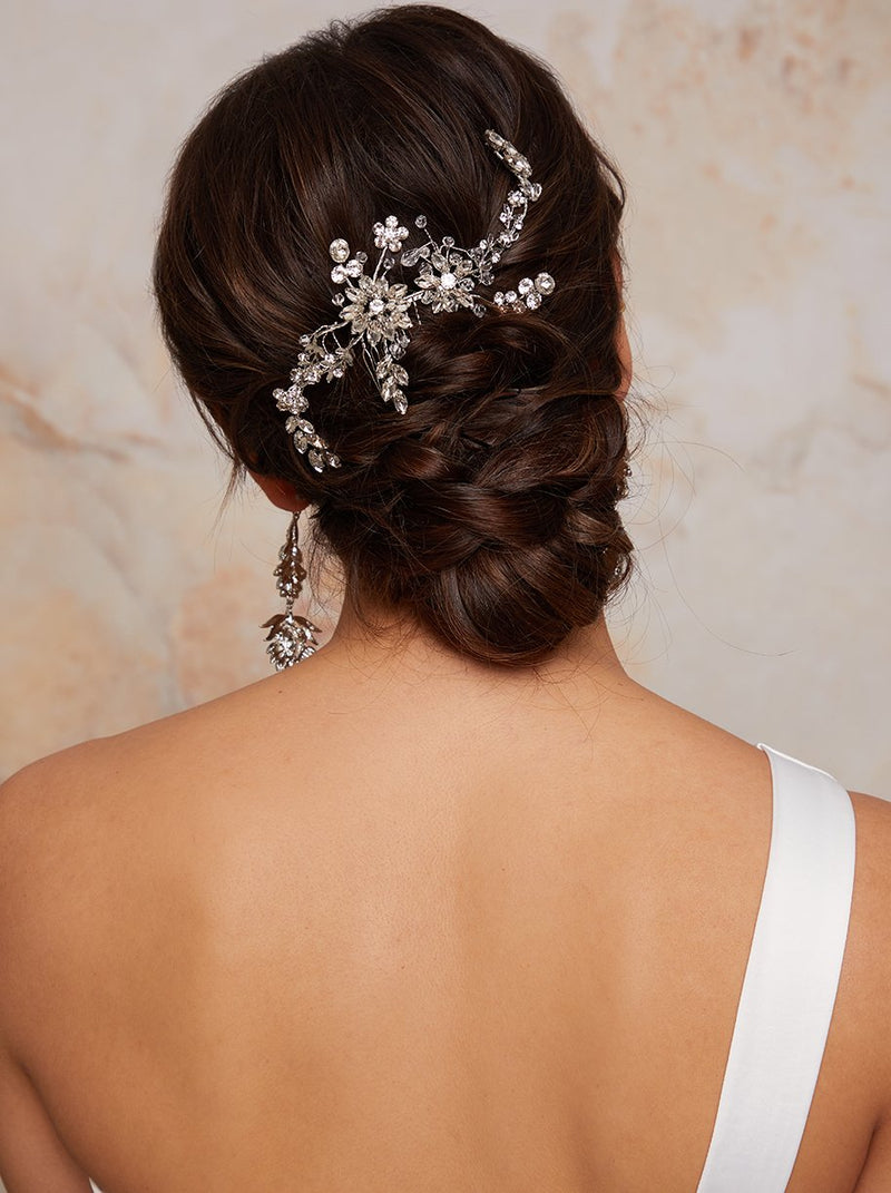 Floral Beaded Bridal Hair Piece in Silver