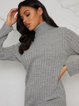 Roll Neck Ribbed Jumper Dress in Grey