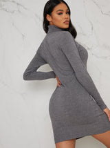 Polo Neck Rib Knit Mini Jumper Dress In Grey