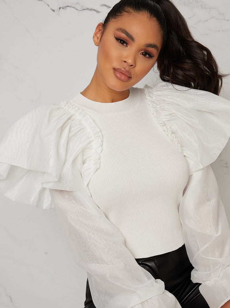 Ruffle Balloon Sleeved Knitted Jumper In White