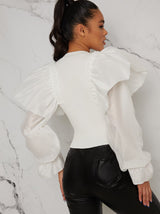 Ruffle Balloon Sleeved Knitted Jumper In White