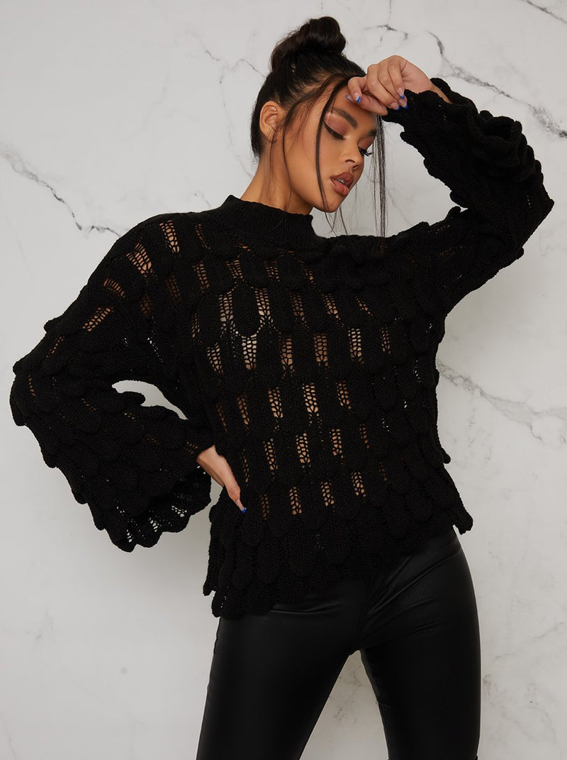 Knitted Crochet Bell Sleeve Jumper In Black