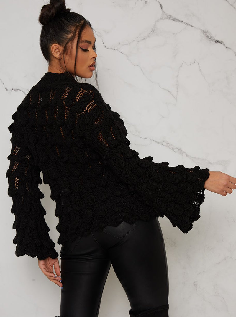 Knitted Crochet Bell Sleeve Jumper In Black