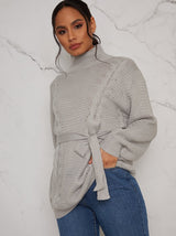 Cable Knit Jumper with Tie Waist in Grey
