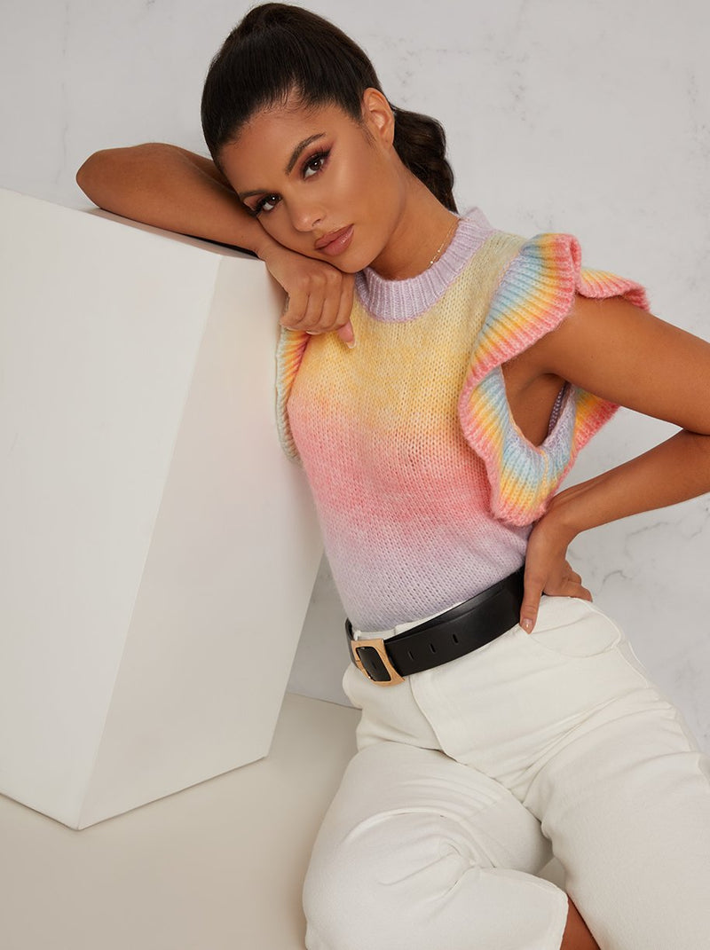 Frill Detail Knitted Jumper Vest in Rainbow