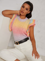 Frill Detail Knitted Jumper Vest in Rainbow