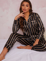 Stripe Satin Pyjamas in Black
