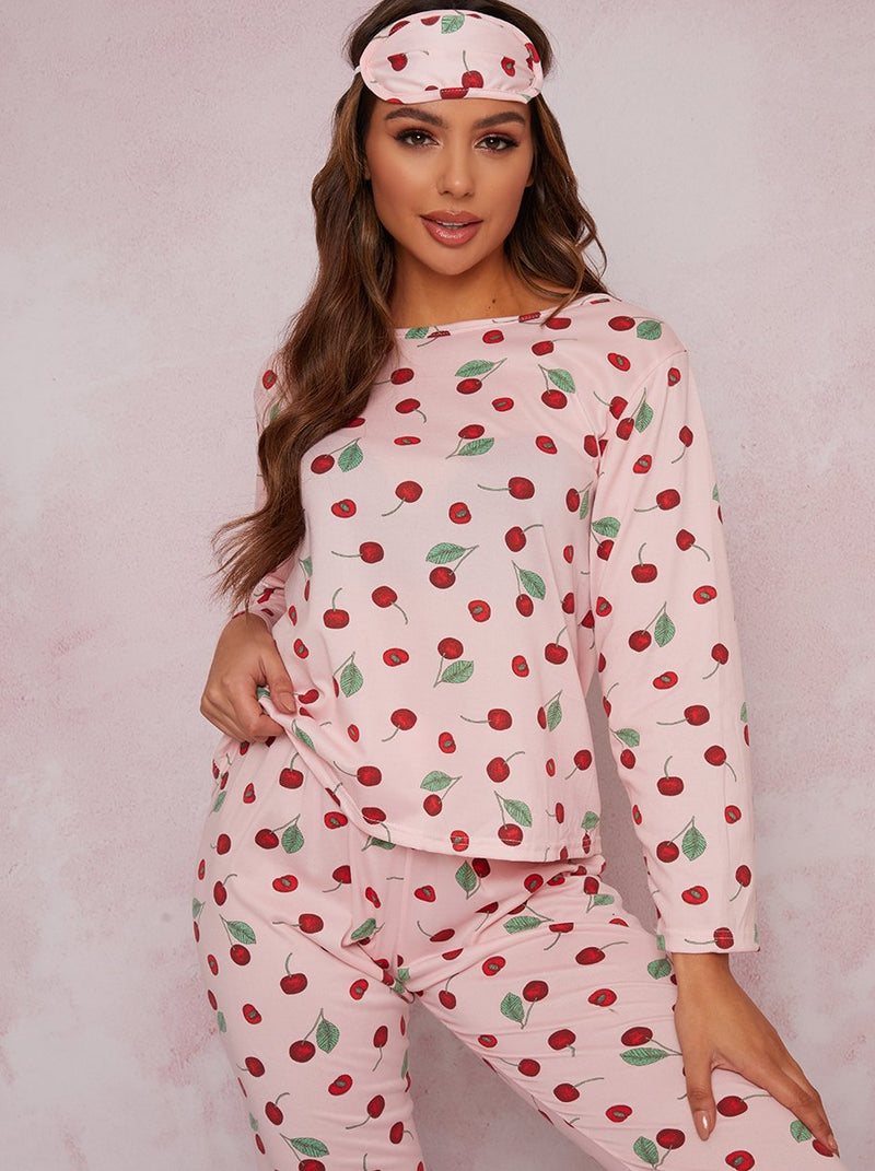 Cherry Print Straight Leg Pyjamas in Pink