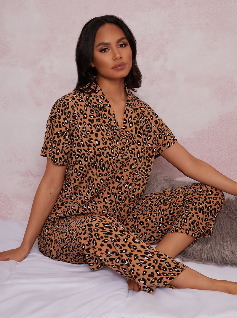 Short Sleeve Pyjamas in Brown Animal Print