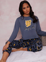 Long Sleeve Jersey Pyjamas in Blue Leopard Print