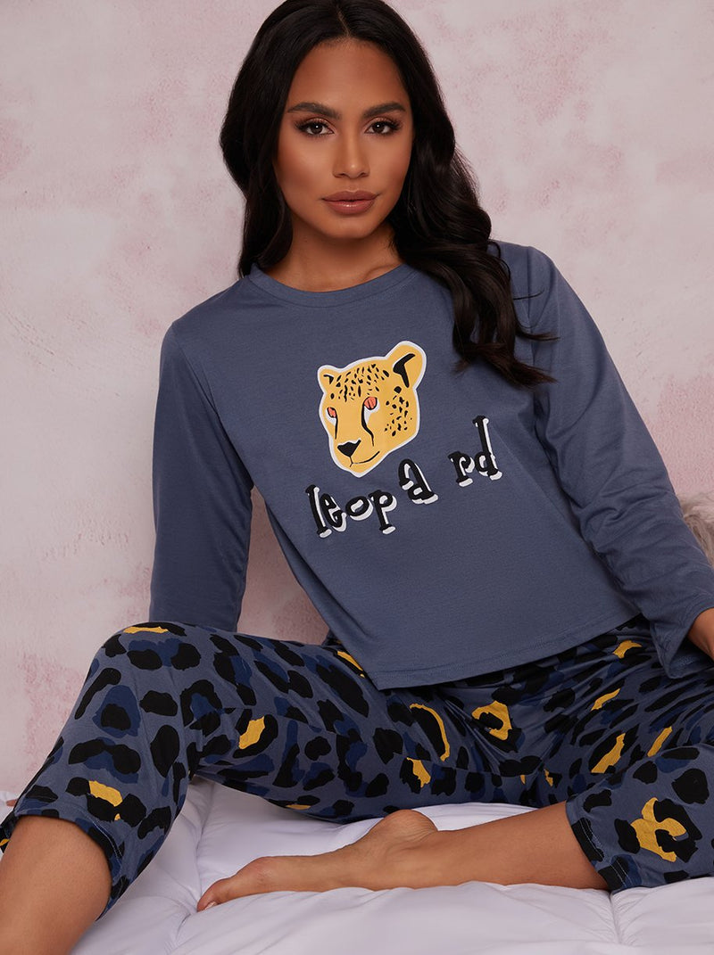 Long Sleeve Jersey Pyjamas in Blue Leopard Print