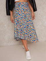 Ruffle Hem Floral Print Midi Skirt in Blue