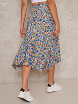 Ruffle Hem Floral Print Midi Skirt in Blue