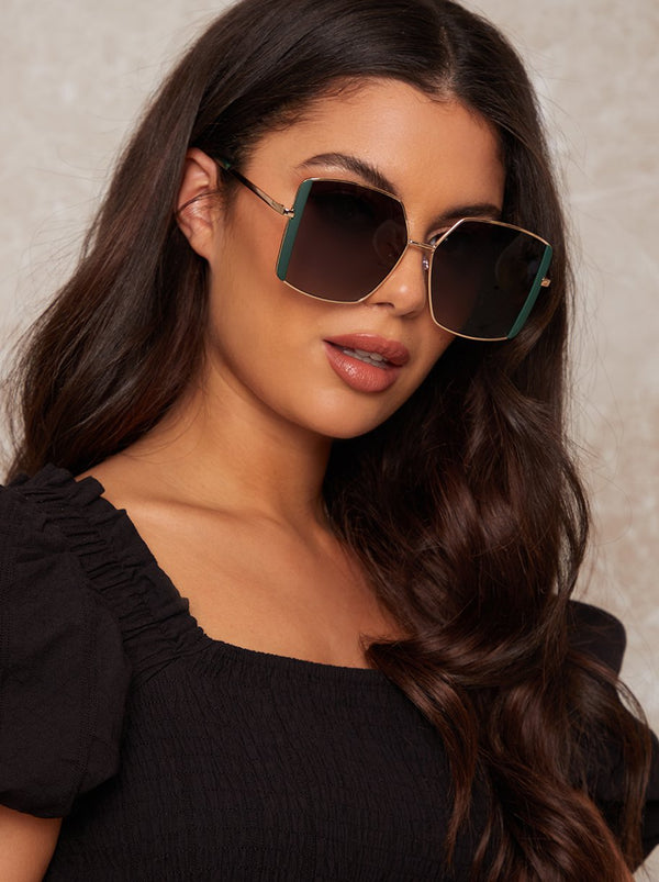 Square Frame Sunglasses with Trim in Green