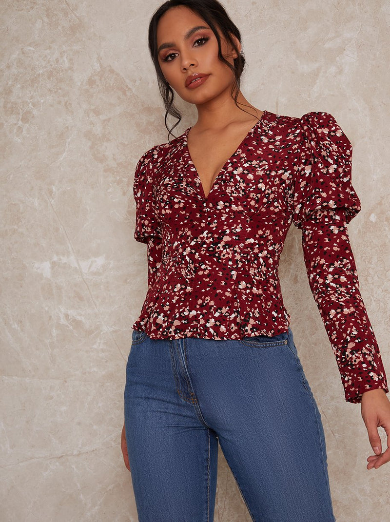 Long Sleeve Plunge Front Floral Print Top in Red