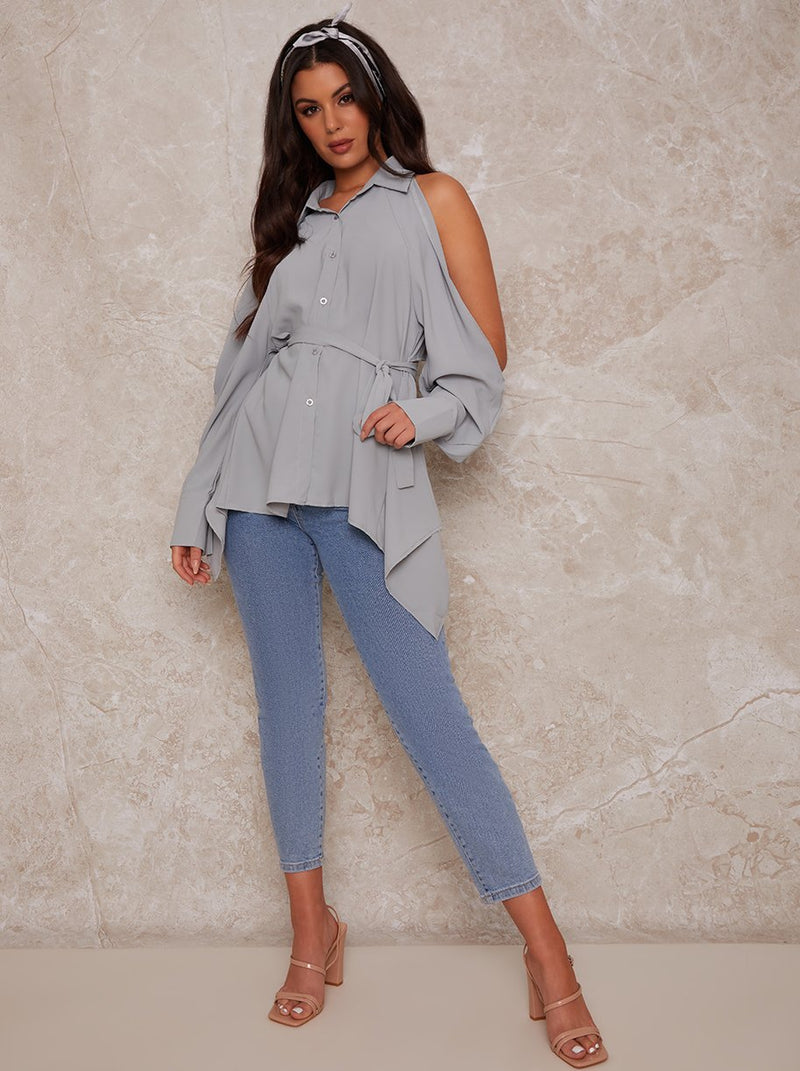 Cold Shoulder Shirt with Buckle Detail in Blue