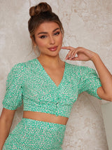 Puff Sleeve Button Up Floral Print Crop Top in Green