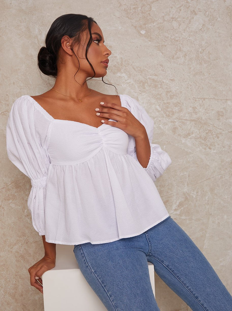 Puff Sleeve V Neck Blouse in White