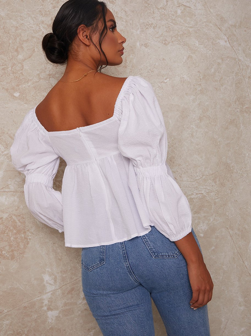 Puff Sleeve V Neck Blouse in White