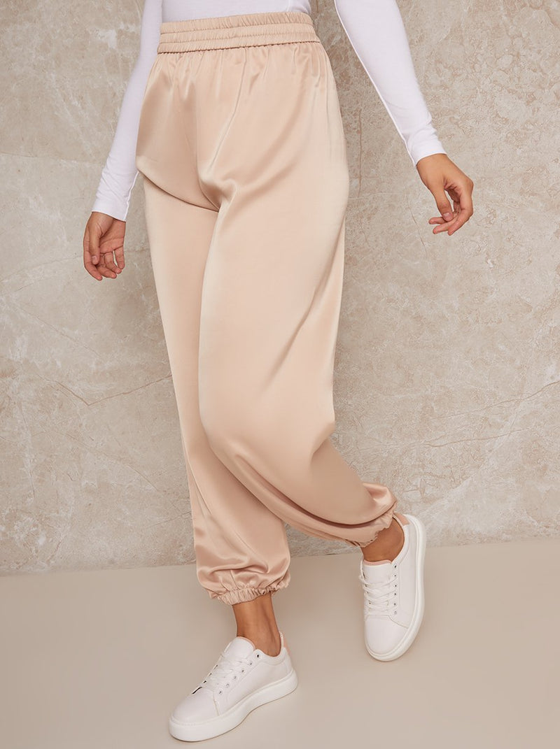 Satin Elasticated Waist Cargo Trousers in Nude